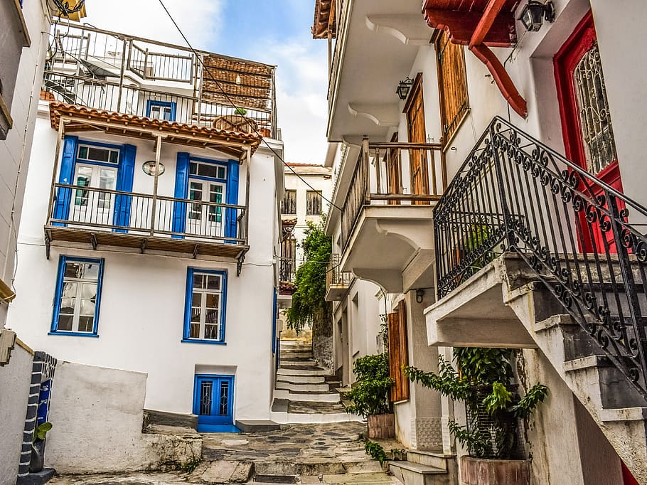 white wall paint concrete houses, greece, skopelos, chora, village, HD wallpaper