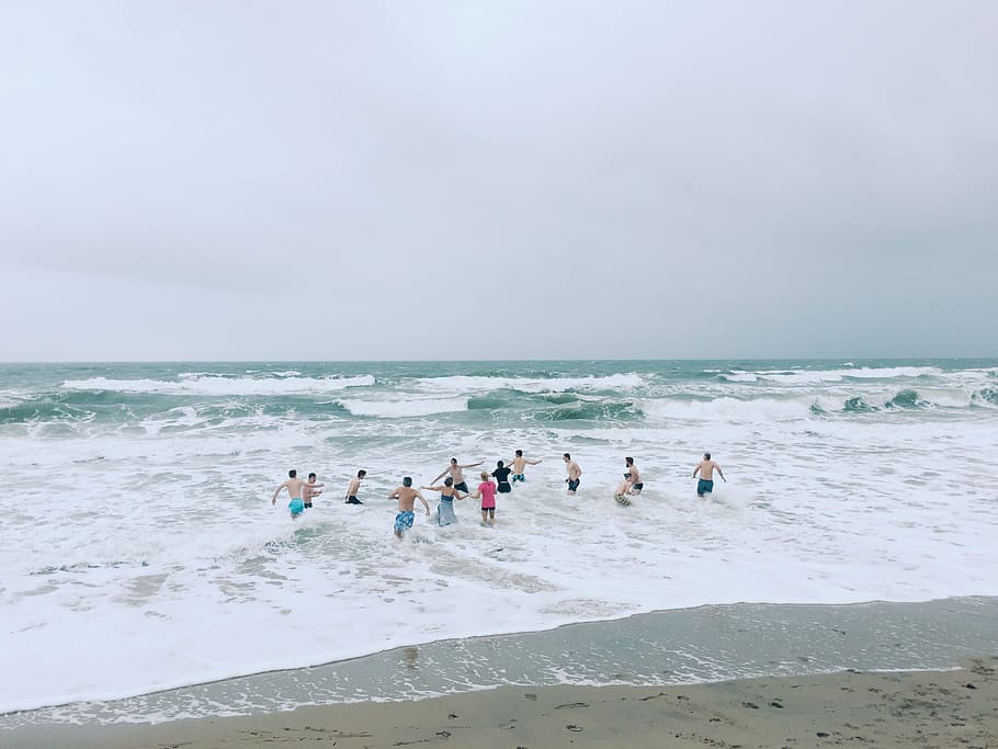people swimming on sea during daytime, ocean, water, waves HD wallpaper