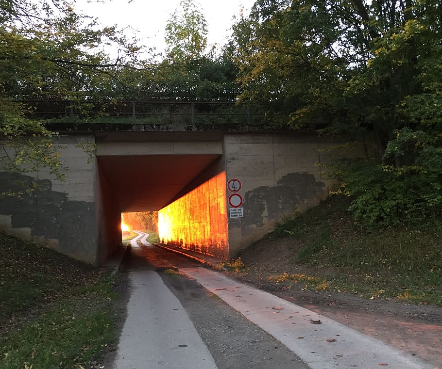 tunnel, sun, sunset, evening sky, afterglow, light, romantic HD wallpaper