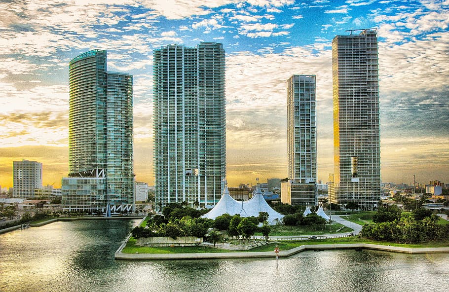 photo of high-rise building near body of water, city, miami HD wallpaper
