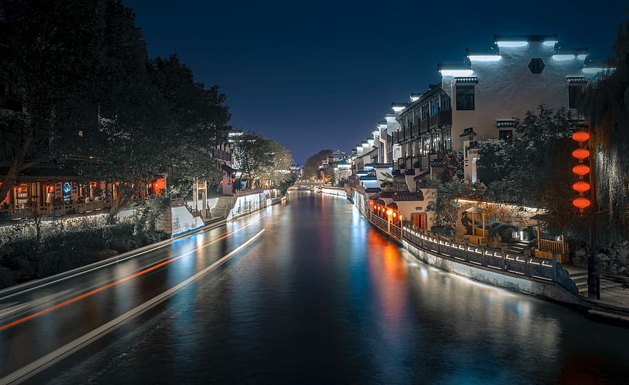 Colorful River, city canal at nighttime, water, waterfront, building HD wallpaper