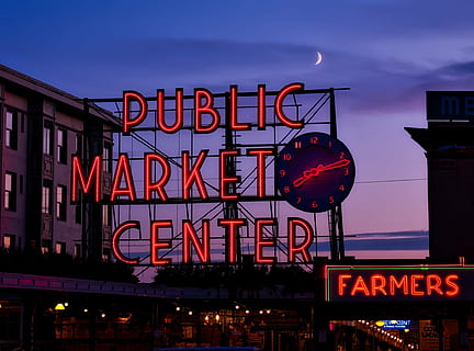 red Public Market Center neon signage, seattle, washington HD wallpaper