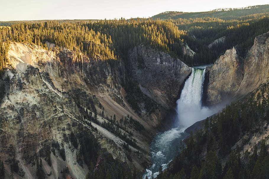 aerial photography of waterfalls, landscape photography of waterfalls HD wallpaper