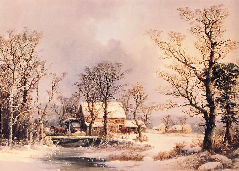 house during winter painting, george durrie, oil on canvas, art