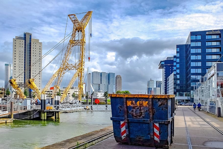 dock, crane, harbour, port, marine, cityscape, cloudy, rotterdam HD wallpaper