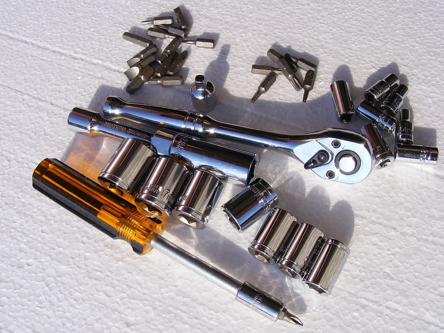 chrome, screwdriver, set, socket, vanadium, tools, metal, transportation HD wallpaper