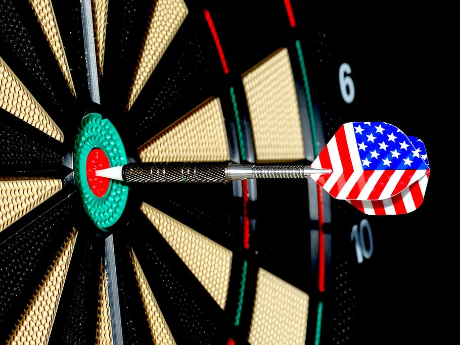 gray dart on dartboard, arrow, bull's eye, play darts, target