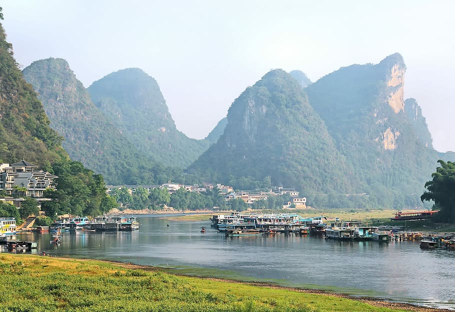 china, yangshuo, nimbuses, clouds, mist, li river, boats, fishermen, HD wallpaper