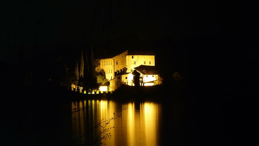 toblino, night, lake, castle, architecture, water, reflection