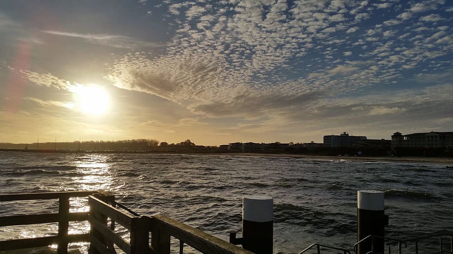 sunrise, kühlunsborn, web, water, sky, cloud - sky, architecture HD wallpaper