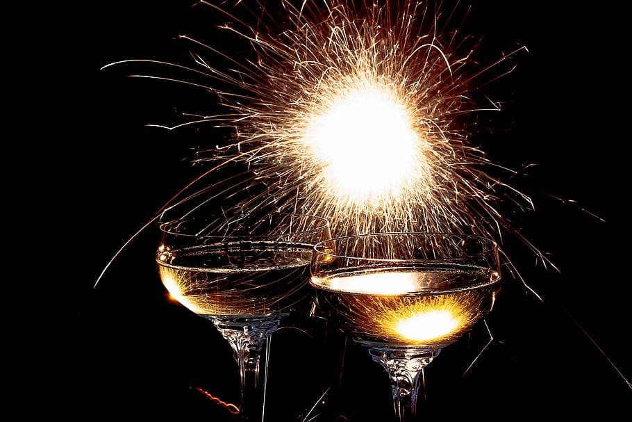 two margarita glasses, champagne glasses, sparkler, drink, alcohol