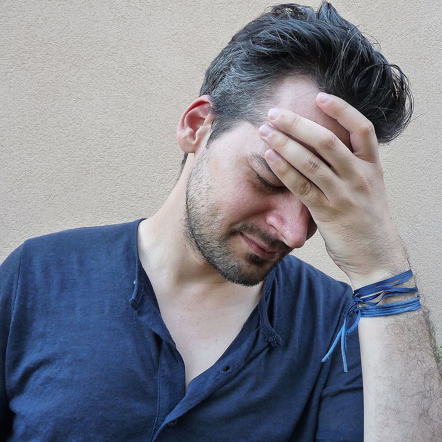 man wearing black henley-style shirt, headache, image, stress HD wallpaper