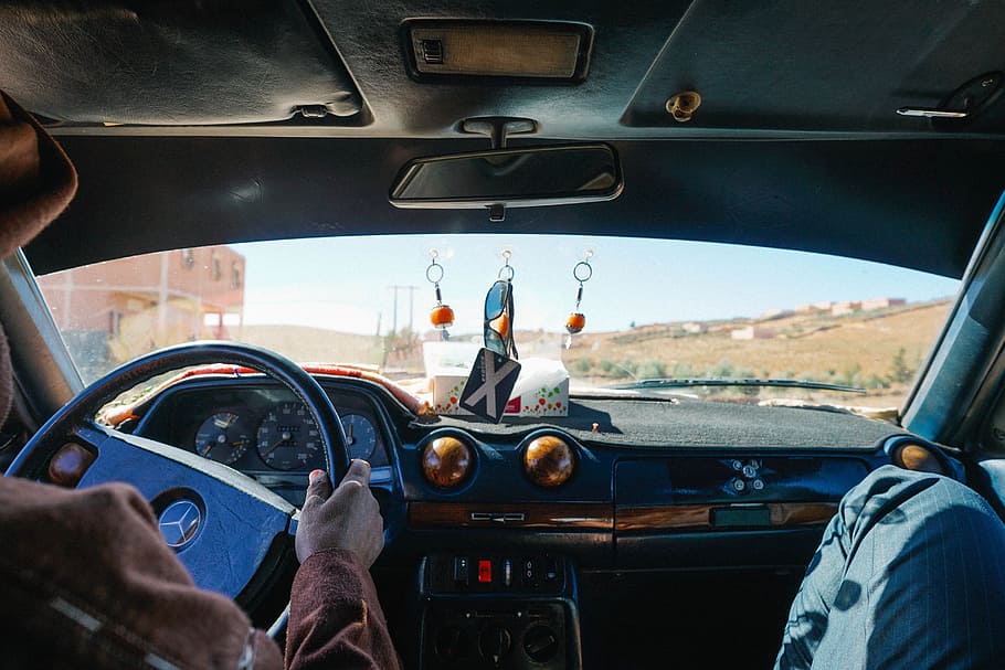 View of the hitchhiker, black Mercedes-Benz car interior, transportation HD wallpaper