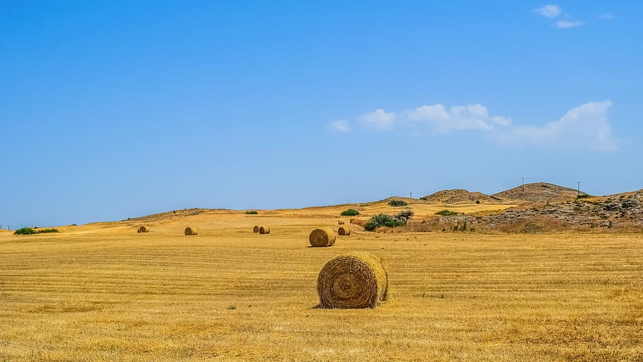 haystack on ground, landscape, dry, sky, hill, nature, countryside, HD wallpaper