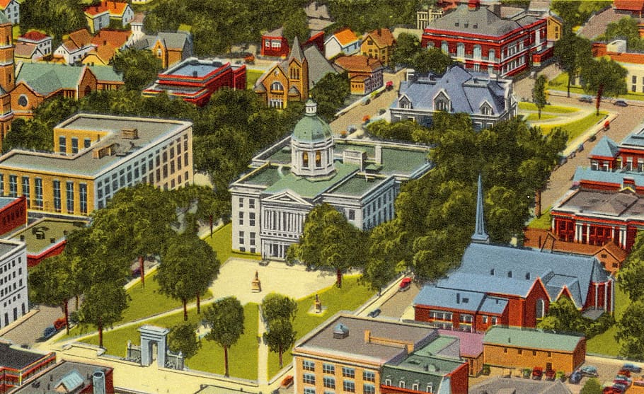 Aerial view of state and city buildings, Concord, New Hampshire