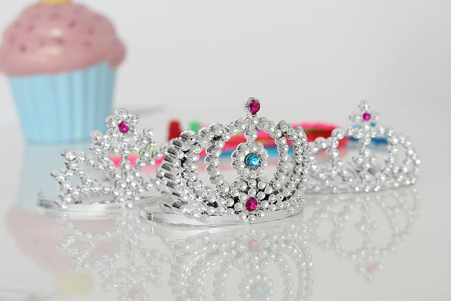 Tiaras, three silver-colored crowns, toy, accessory, gem, childhood HD wallpaper