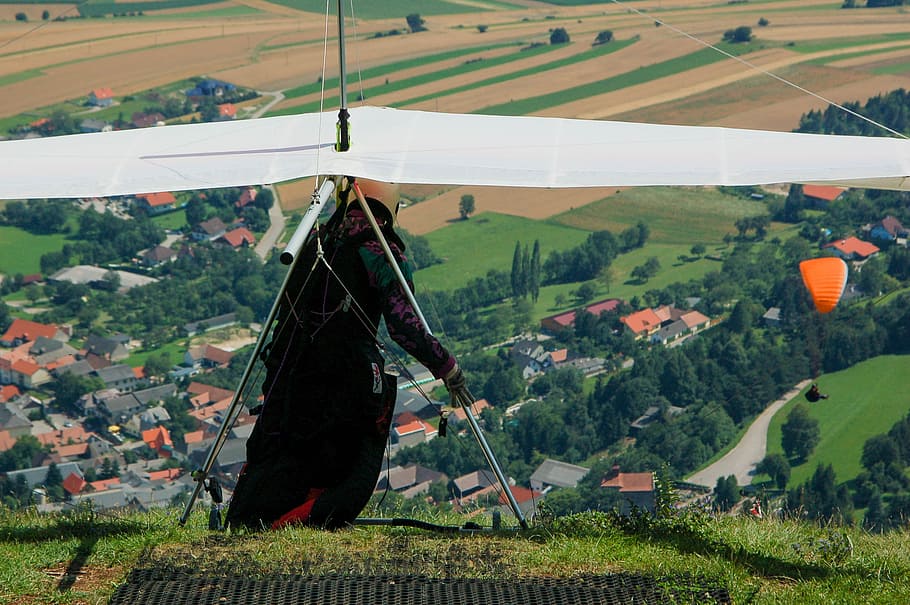 hang glider, start, sport, hobby, fly, paragliding, landscape, HD wallpaper