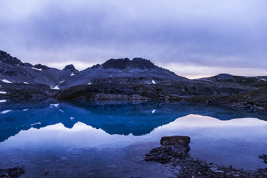 cold, snow, dawn, landscape, clouds, ice, lake, mountains, nature HD wallpaper