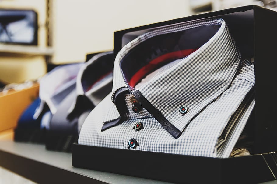 folded collared tops on boxes, blur, business, checkered, shirt HD wallpaper