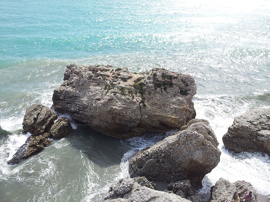 beach, sea, rock, nerja, sun, summer, water, ocean, rock - object HD wallpaper