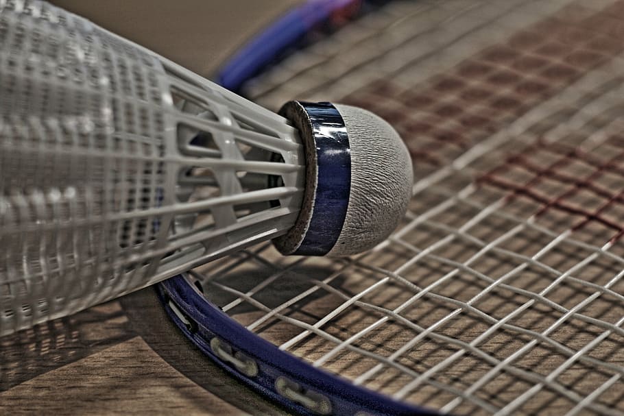 white shuttlecock on badminton racket, bat, sport, leisure, ball