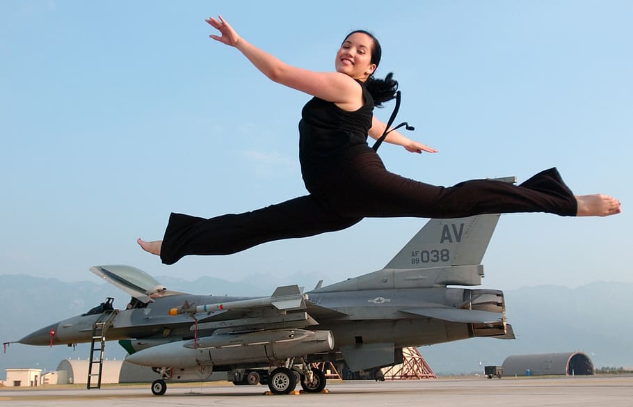 ballet leap, jeté, jump, female, happy, smile, aircraft, military, HD wallpaper