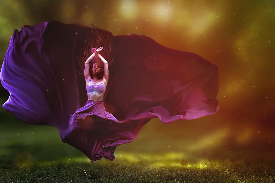 woman raising both hands with dress going upward, dancer, jump HD wallpaper