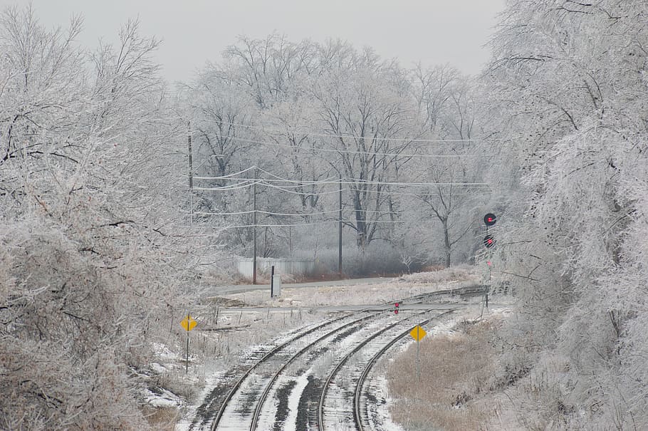Railroad, Tracks, Crossing, Signal, winter, ice, season, frozen, HD wallpaper
