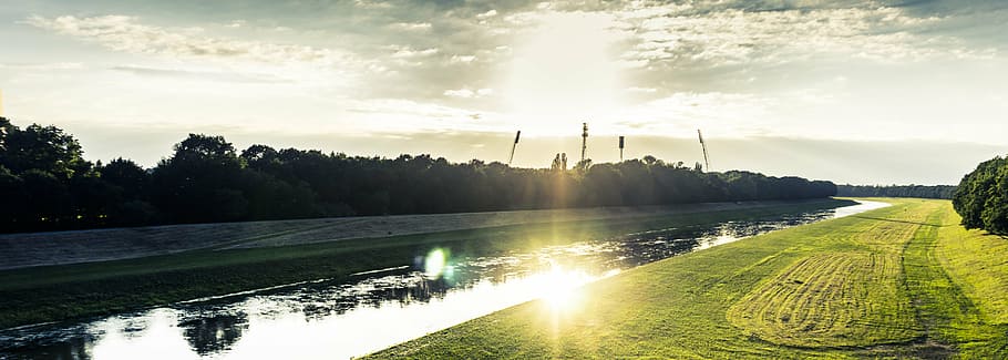 canal, lawn, nature, reflection, sunlight, trees, sky, water HD wallpaper