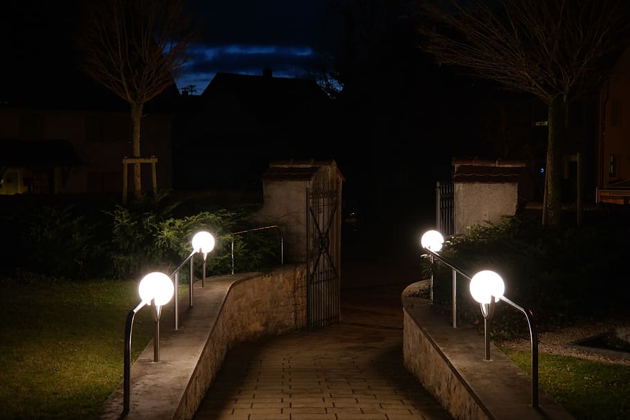 Away, Illuminated, Lamps, lighting, at night, goal, input, railing HD wallpaper