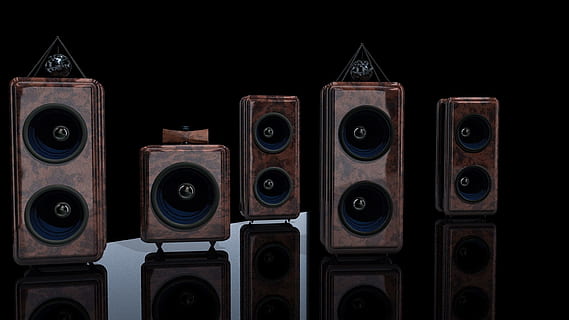 five brown speakers, box, hifi, surround boxes, music, rendering HD wallpaper