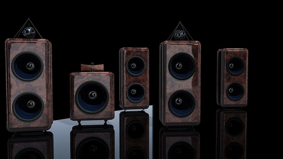 five brown speakers, box, hifi, surround boxes, music, rendering, HD wallpaper