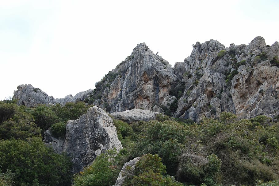 mountain landscape, pollença, mountains, rock, sky, plant HD wallpaper