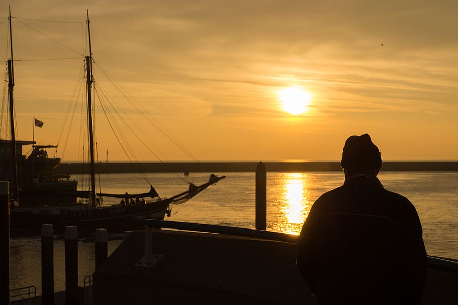 sunset, watching, man, people, yellow, orange, sea, coast, outdoors HD wallpaper