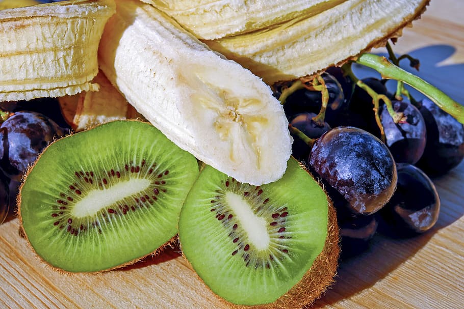 banana, kiwi lemon, and grapes, fruit, yellow, healthy, delicious, HD wallpaper
