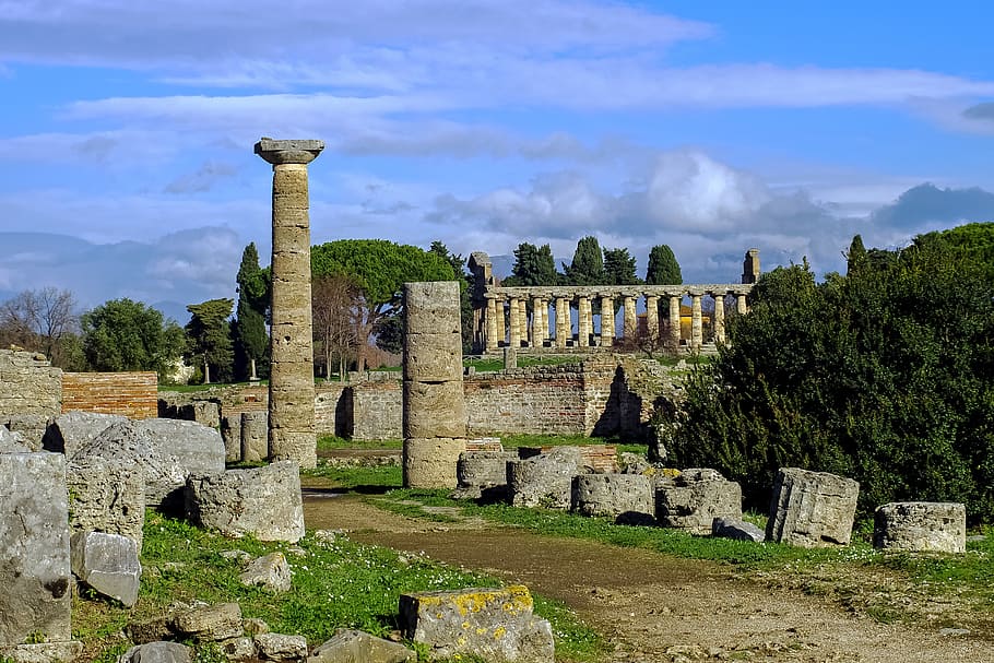 paestum, salerno, italy, via sacra, magna grecia, doric columns, HD wallpaper