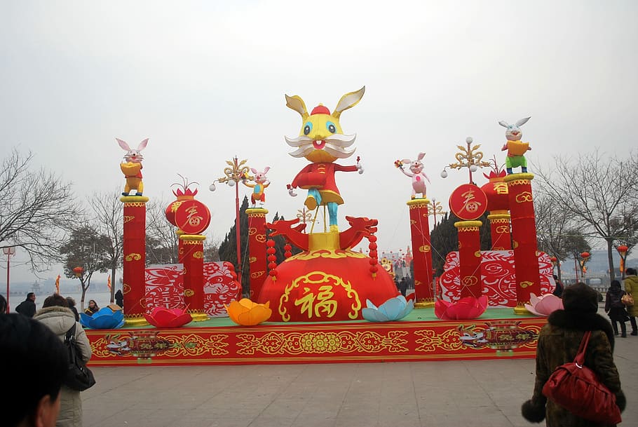 red and yellow rabbit stage, Chinese, New, Year, Display, festival HD wallpaper
