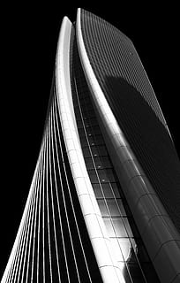 high-rise curtained wall building grayscale photography, low angle photo of architectural wallpaper HD wallpaper