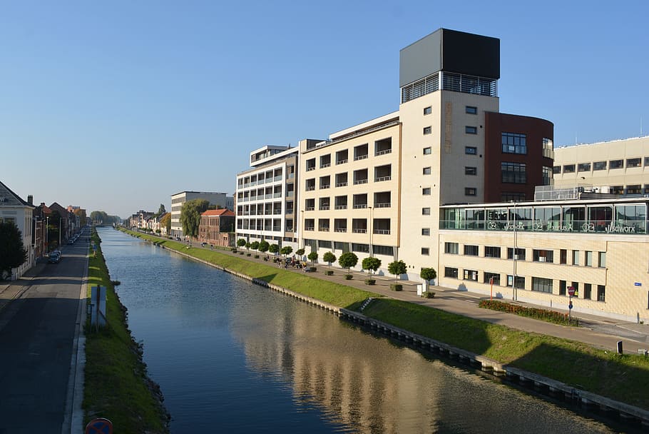 building, channel, view, mechelen, air, building exterior, architecture HD wallpaper