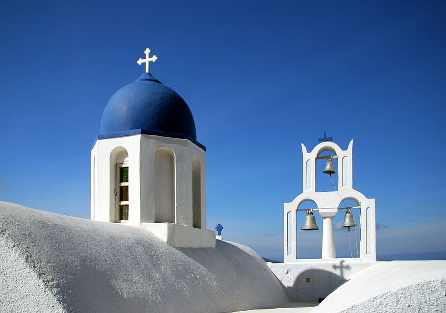 white cathedral, santorini, greek island, cyclades, caldera, white houses, HD wallpaper