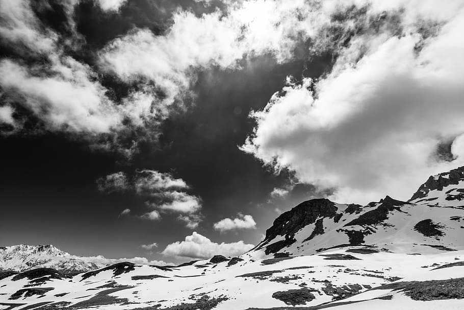 cloudy, mountain, sky, snow, spring, winter, white, black, sunny HD wallpaper