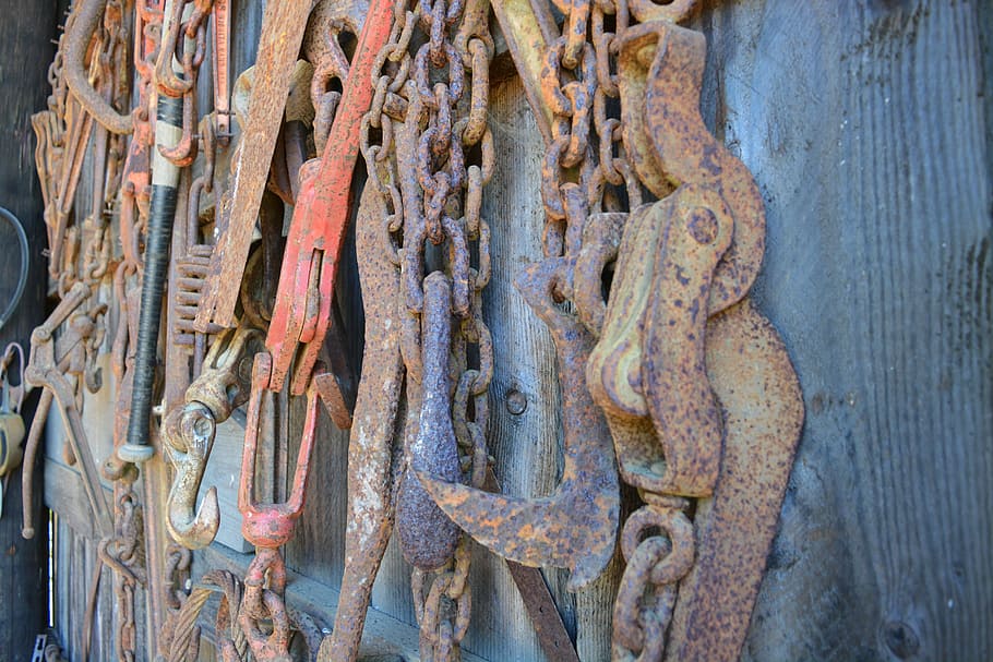 logging, logging tools, chain, vintage, oregon, metal, rusty HD wallpaper