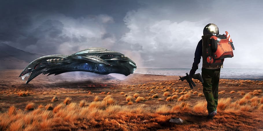 astronaut holding backpack and rifle walking towards space craft digital wallpaper HD wallpaper