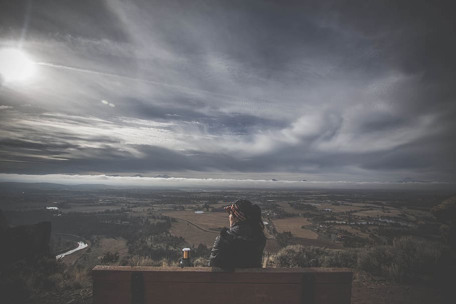 bench, sky, person, clouds, alone, outdoors, solo, view, cloud - sky HD wallpaper