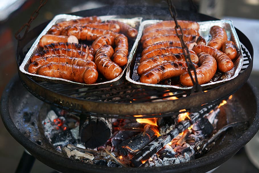 sausages on charcoal grill, Festival, Grilling, Eating, Fire HD wallpaper