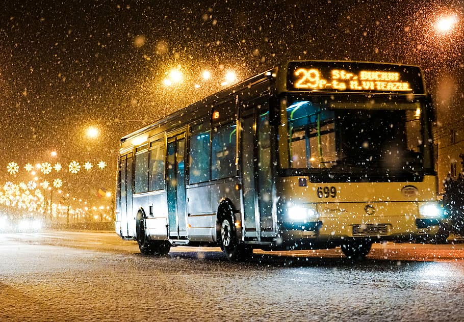 bus passing thru road, white and black bus driving on road during nighttime, HD wallpaper