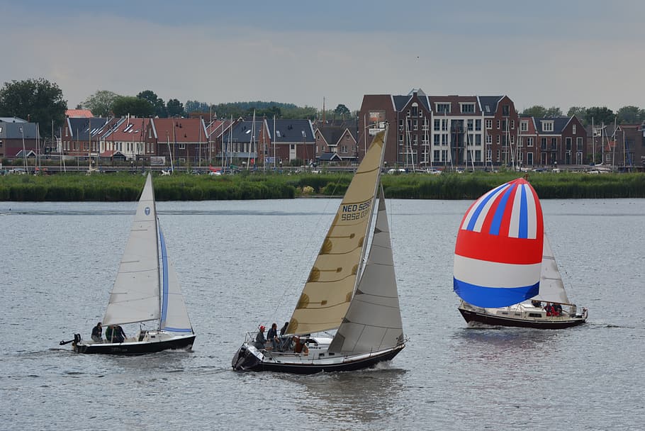 sailing boat, flag, dutch flag, water, nautical vessel, built structure, HD wallpaper