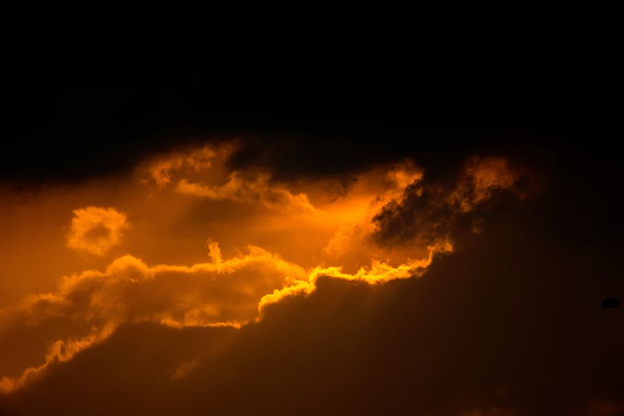 orange sky and cloud, white clouds with rays of sun, sunset, light HD wallpaper