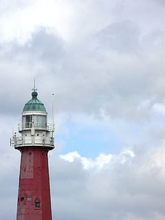 Lighthouse, Clouds, Air, Scheveningen, blue, white, red, green HD wallpaper