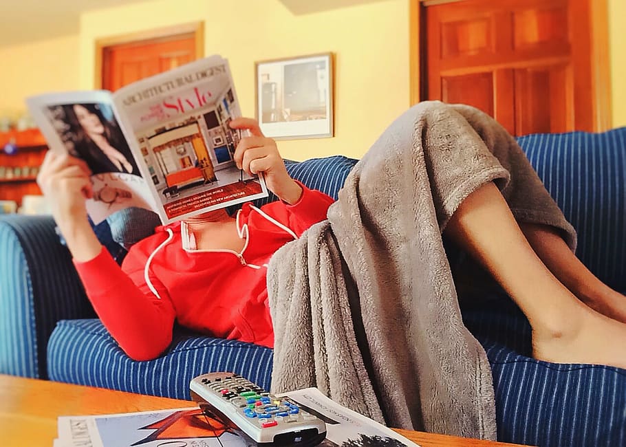 woman reading magazine lying on sofa, couch, relax, indoors HD wallpaper